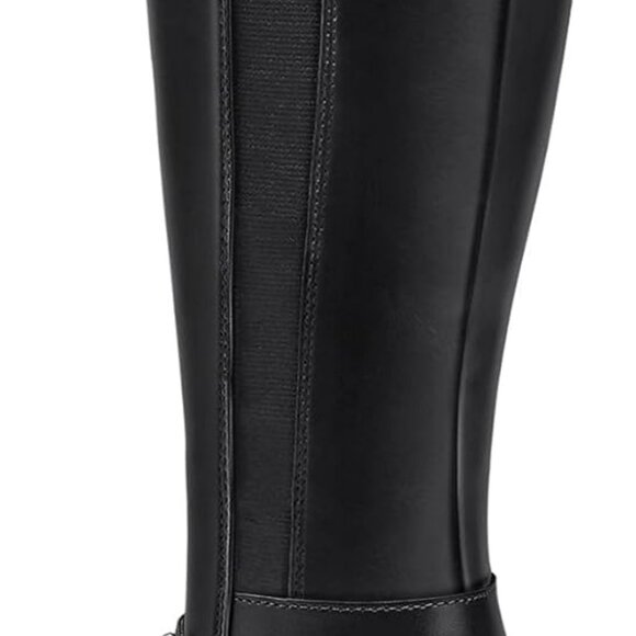 Women's Black Knee High Chunky Heel Boots with Side Zipper and Elastic Panels - - Picture 5 of 5